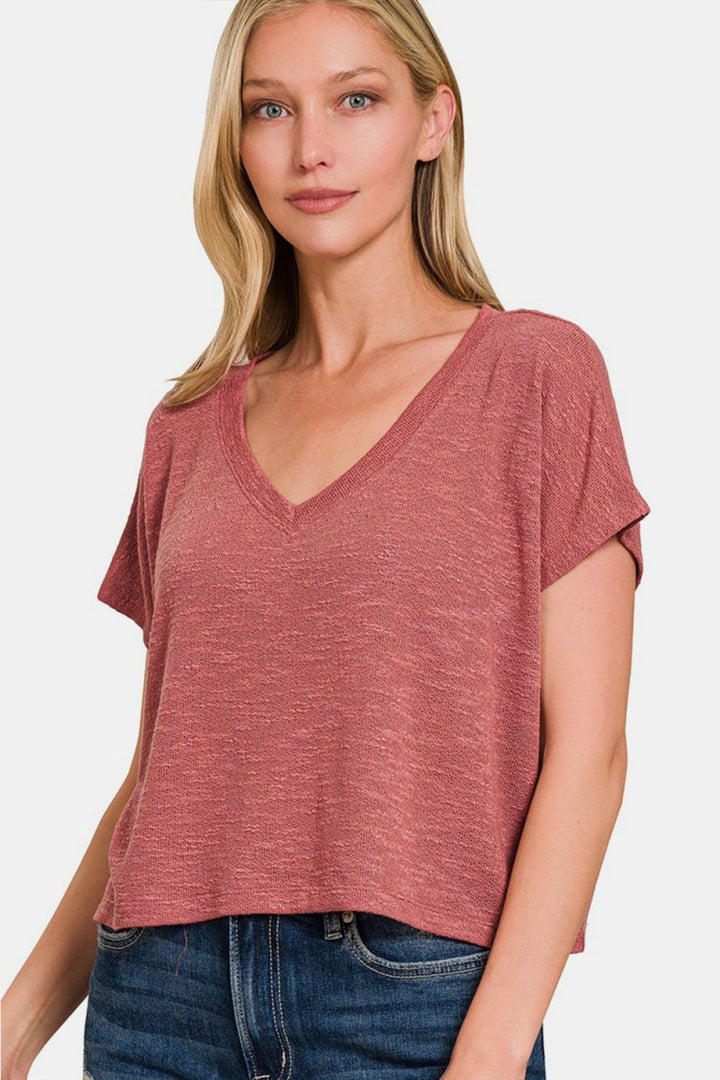 Zenana V - Neck Short Sleeve Crop T-Shirt - Top