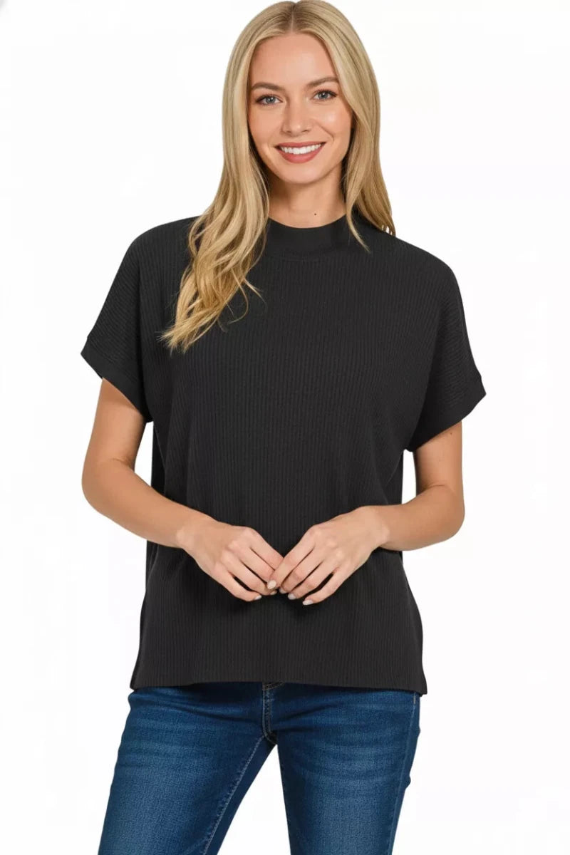Zenana Viscose Mock Neck Short Sleeve Boxy Sweater - 