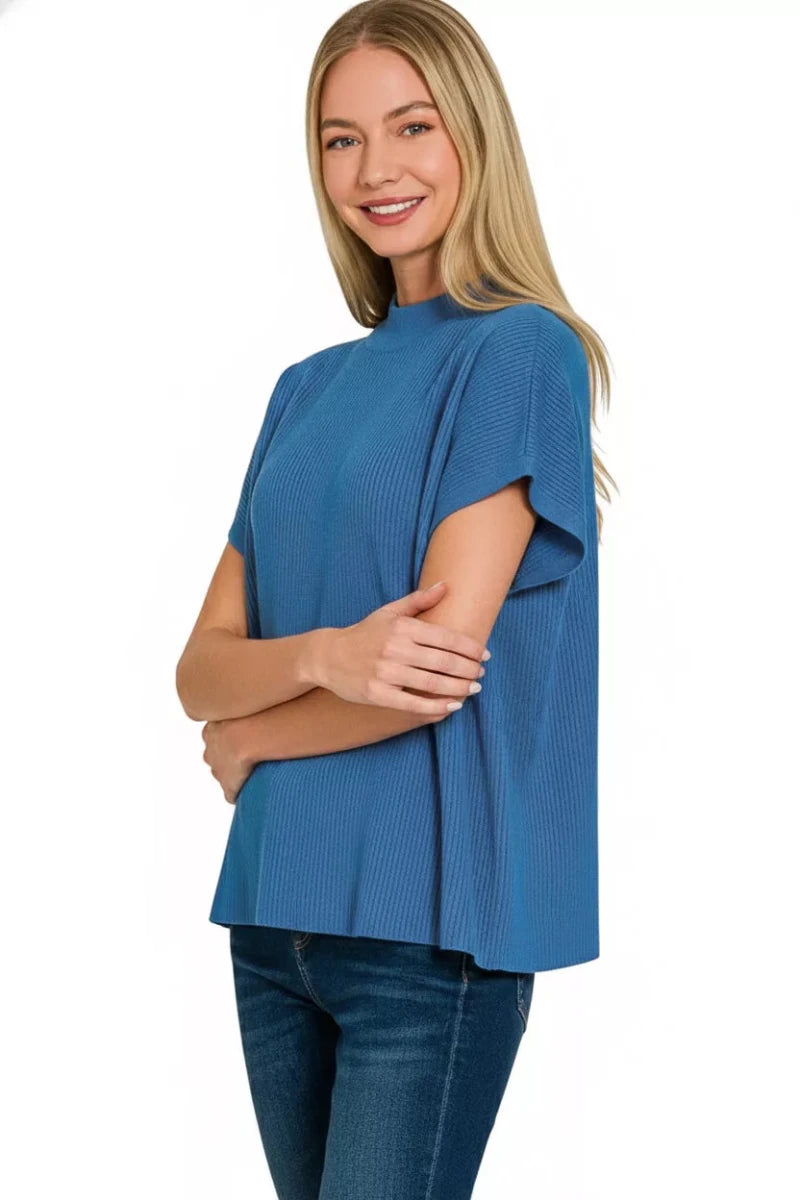 Zenana Viscose Mock Neck Short Sleeve Boxy Sweater - 