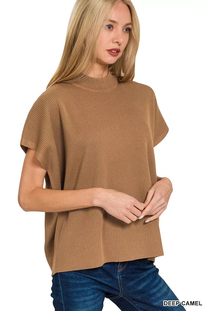 Zenana Viscose Mock Neck Short Sleeve Boxy Sweater - 