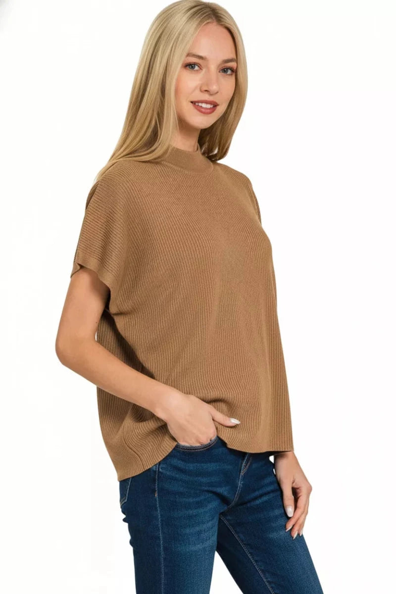 Zenana Viscose Mock Neck Short Sleeve Boxy Sweater - 