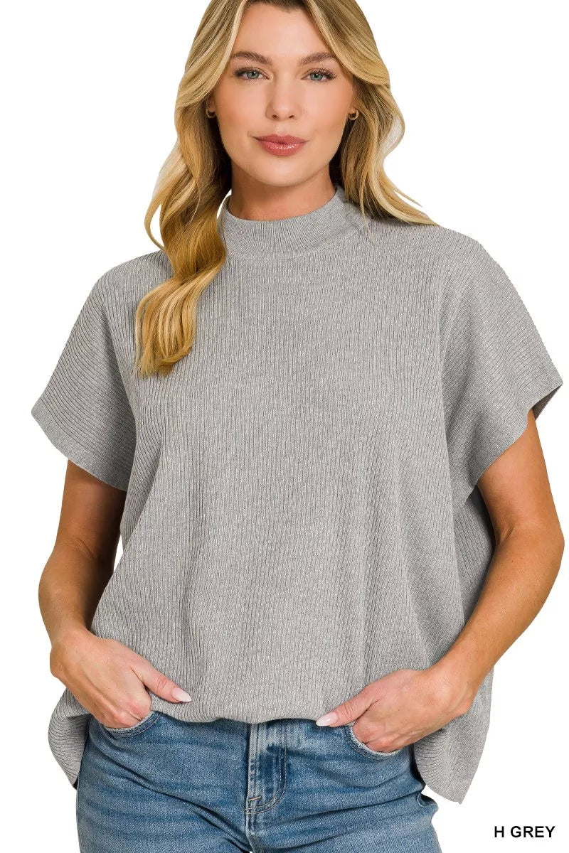 Zenana Viscose Mock Neck Short Sleeve Boxy Sweater - 