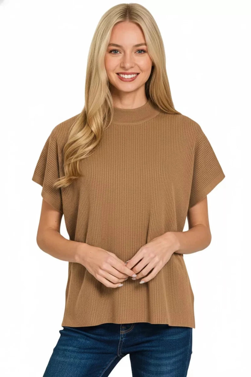 Zenana Viscose Mock Neck Short Sleeve Boxy Sweater - 