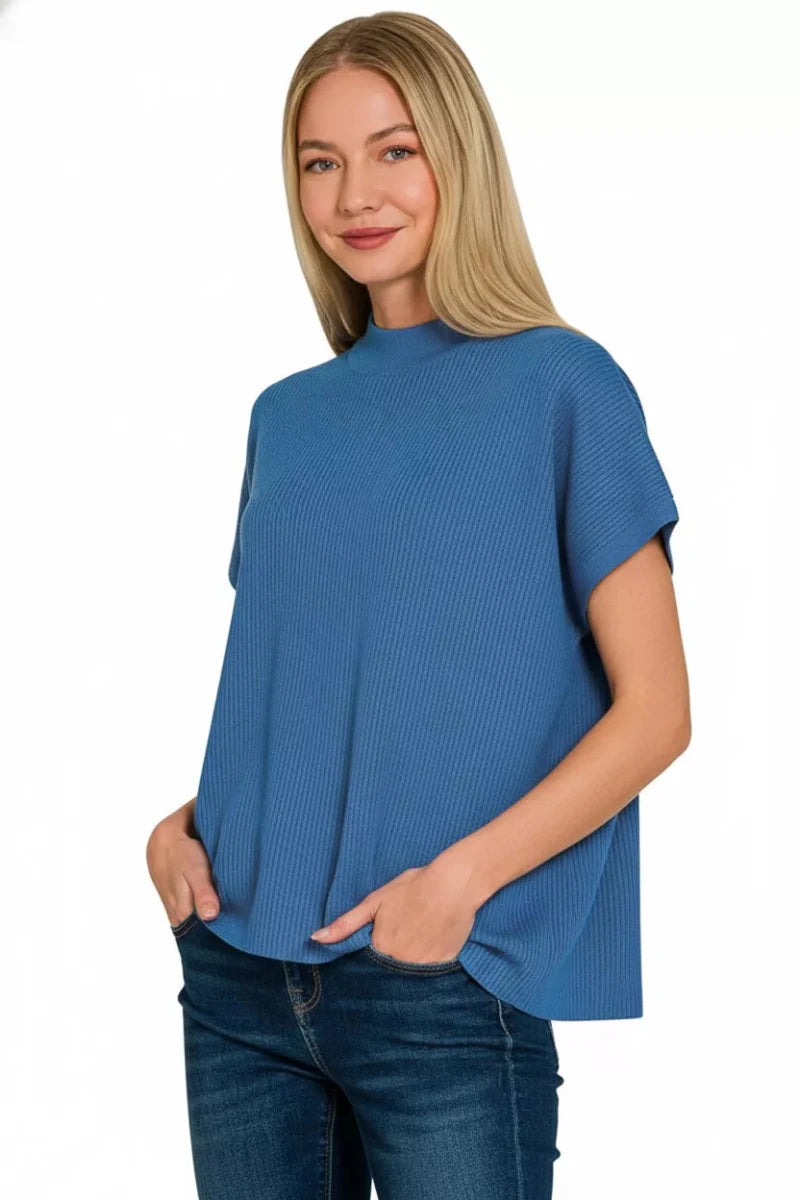 Zenana Viscose Mock Neck Short Sleeve Boxy Sweater - 