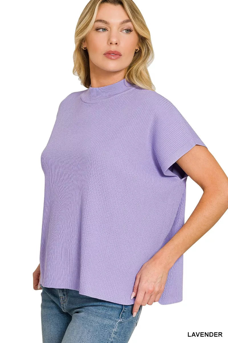 Zenana Viscose Mock Neck Short Sleeve Boxy Sweater - 