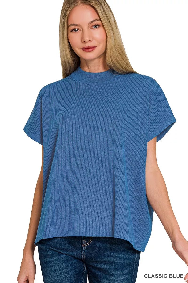 Zenana Viscose Mock Neck Short Sleeve Boxy Sweater - 