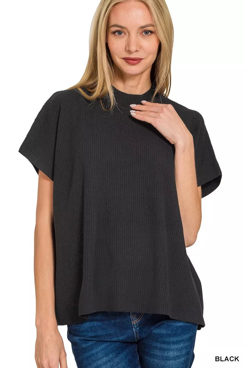 Zenana Viscose Mock Neck Short Sleeve Boxy Sweater - 