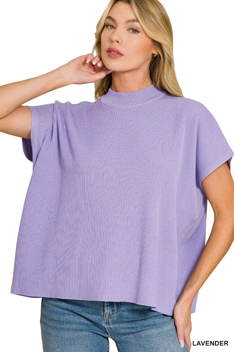 Zenana Viscose Mock Neck Short Sleeve Boxy Sweater - 