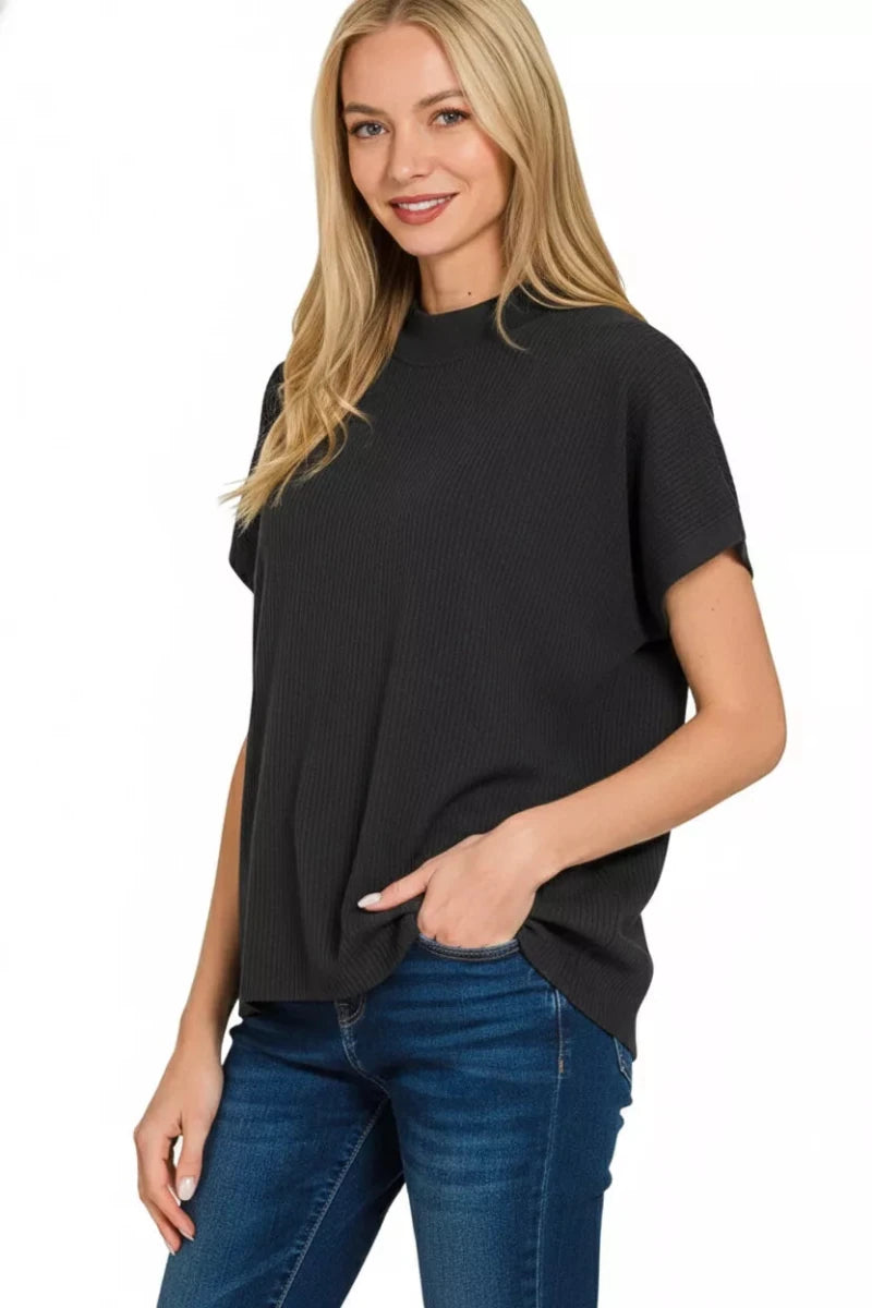 Zenana Viscose Mock Neck Short Sleeve Boxy Sweater - 