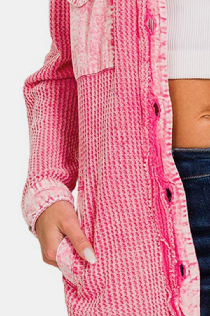 Zenana Waffle - Knit Button Up Dropped Shoulder Jacket - Outerwear