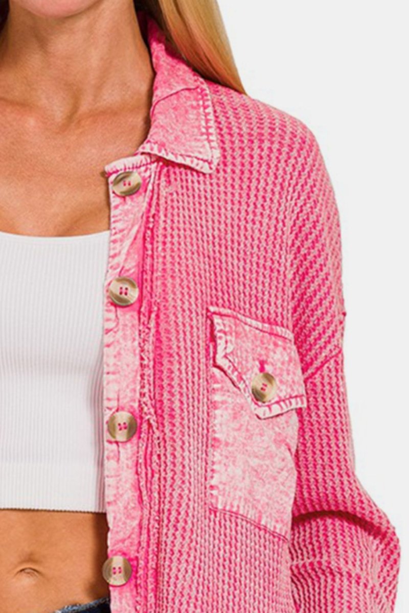 Zenana Waffle - Knit Button Up Dropped Shoulder Jacket - Outerwear