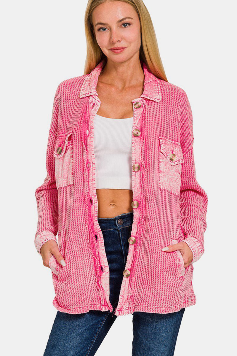 Zenana Waffle - Knit Button Up Dropped Shoulder Jacket - Outerwear