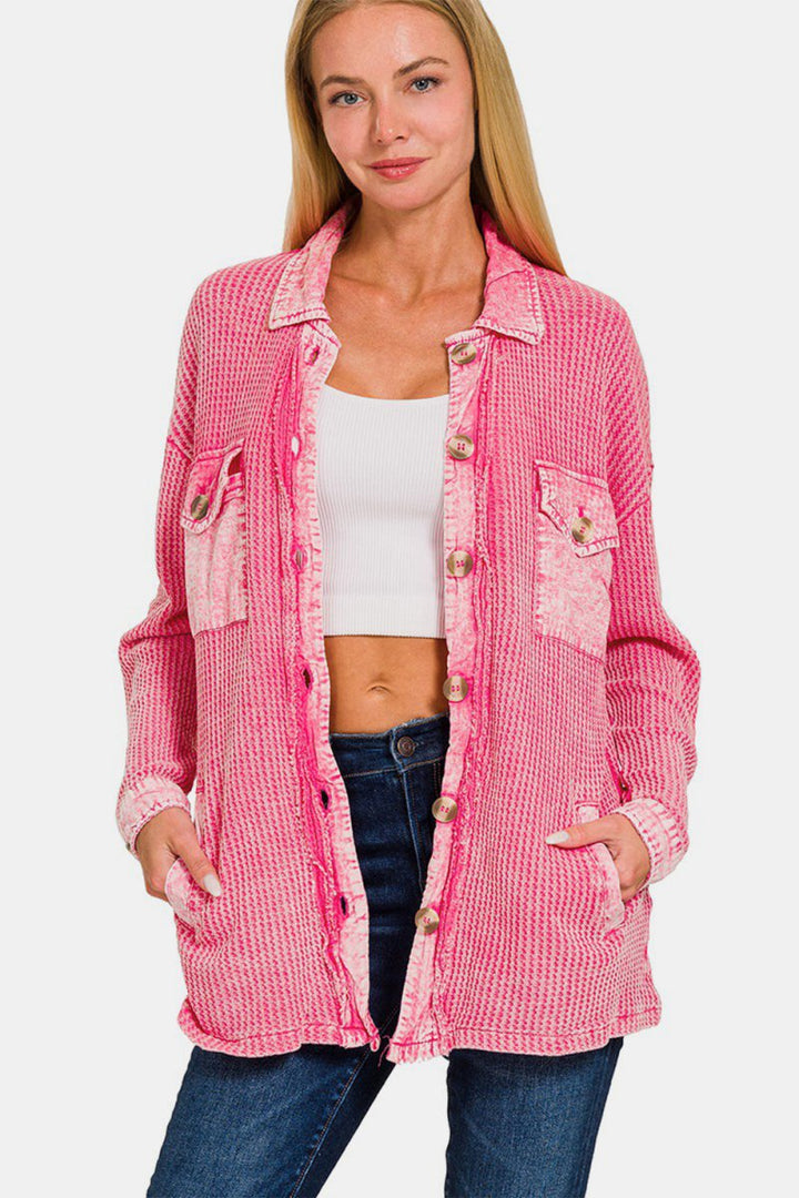 Zenana Waffle - Knit Button Up Dropped Shoulder Jacket - Outerwear