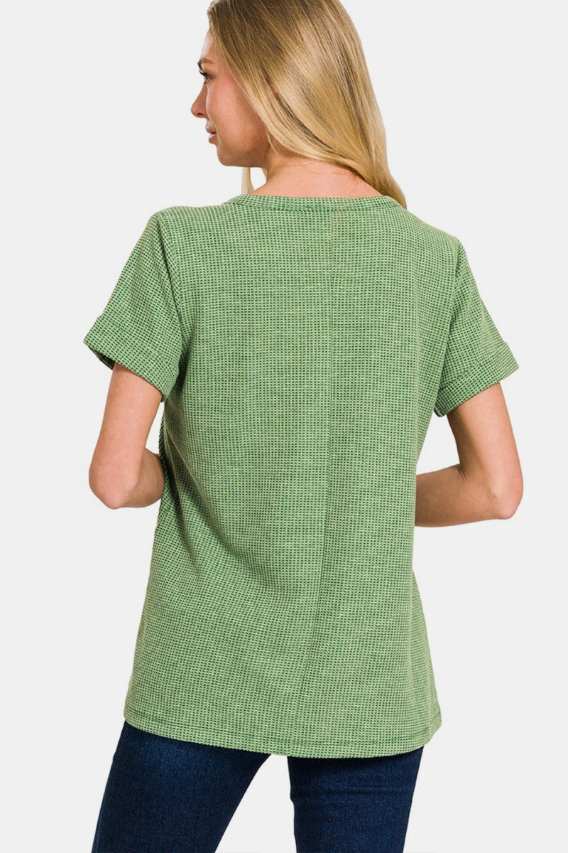 Zenana Waffle Notched Short Sleeve T-Shirt - Top