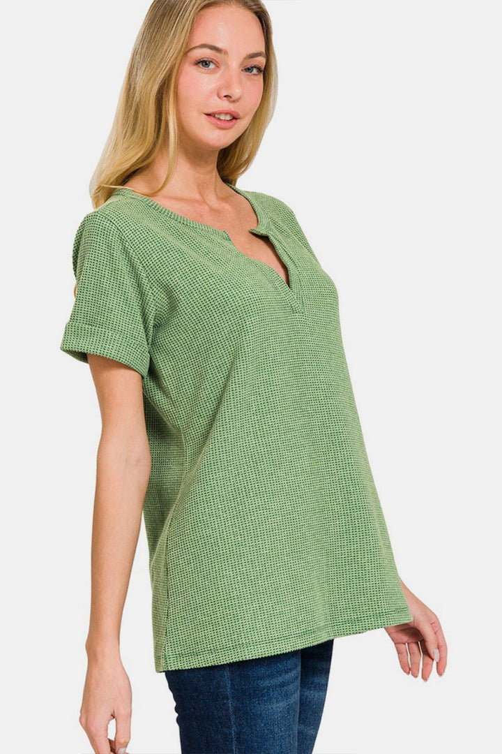 Zenana Waffle Notched Short Sleeve T-Shirt - Top