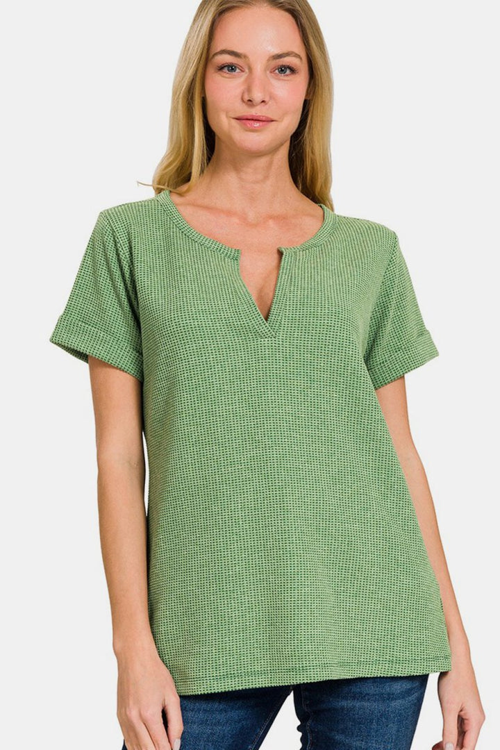 Zenana Waffle Notched Short Sleeve T-Shirt - Top