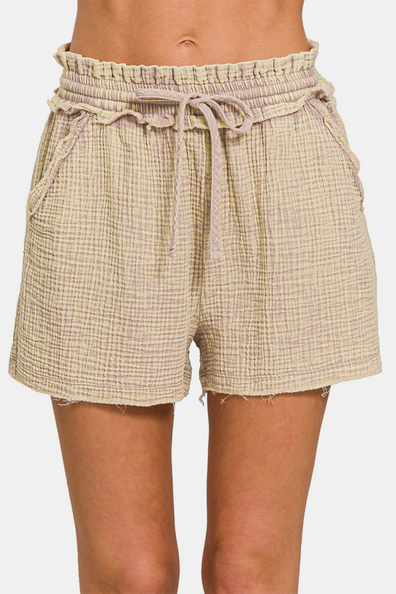 Zenana Washed Frayed Hem Drawstring Shorts - Bottoms