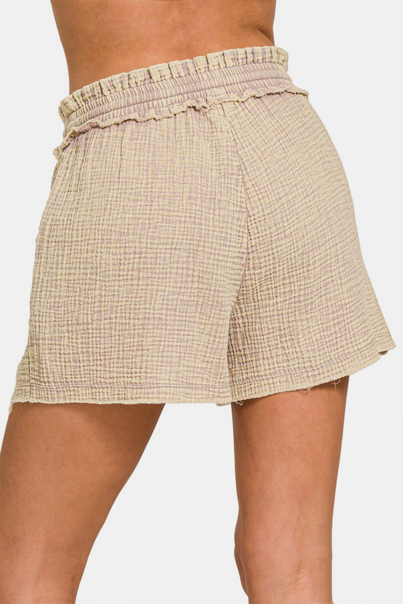 Zenana Washed Frayed Hem Drawstring Shorts - Bottoms