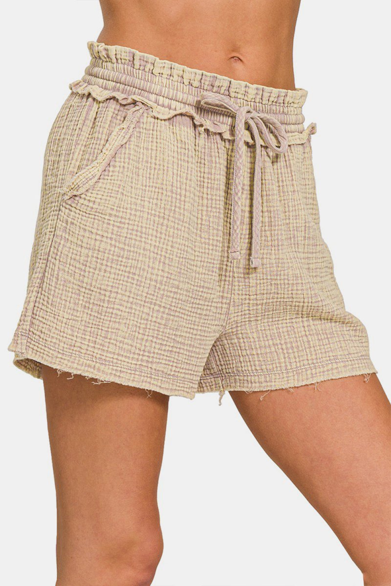 Zenana Washed Frayed Hem Drawstring Shorts - Bottoms