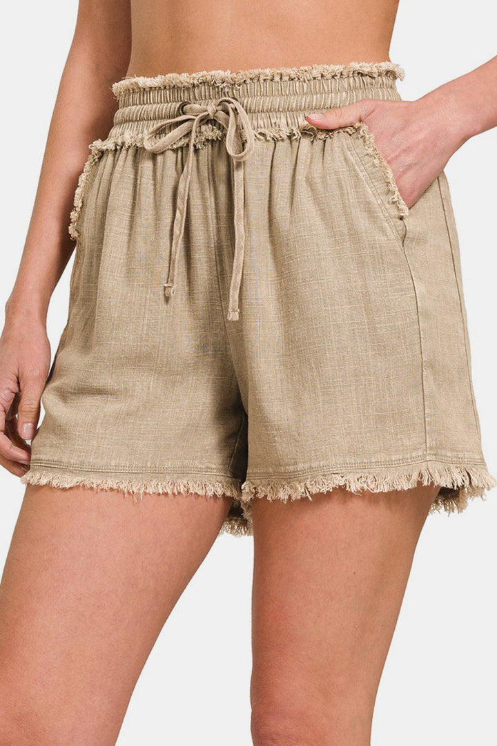 Zenana Washed Linen Frayed Hem Drawstring Shorts - Bottoms