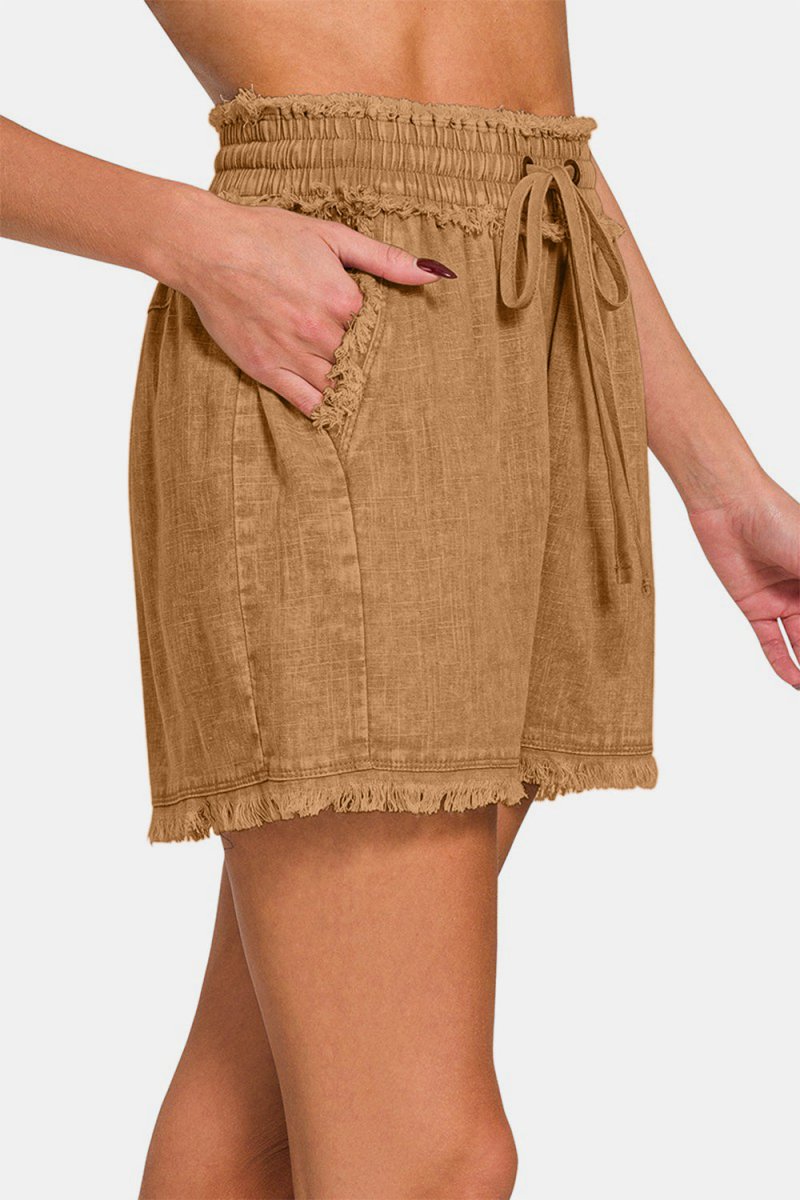 Zenana Washed Linen Frayed Hem Drawstring Shorts - Bottoms