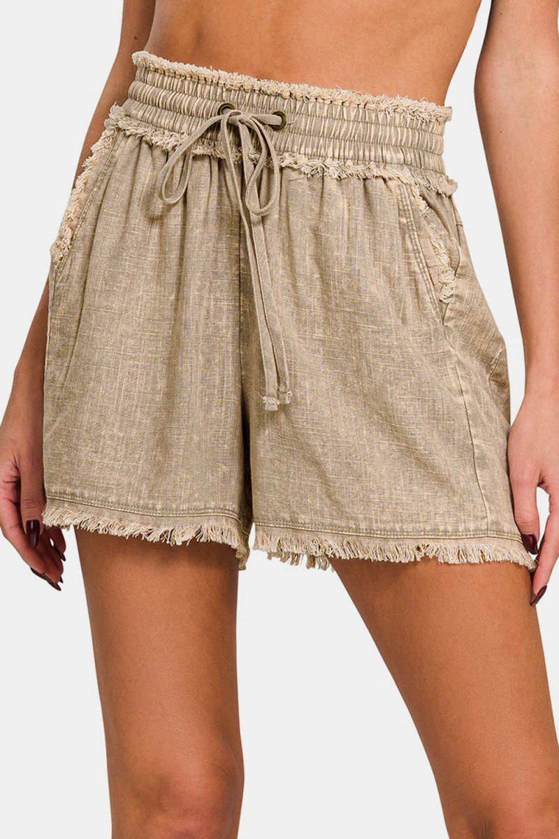Zenana Washed Linen Frayed Hem Drawstring Shorts - Bottoms