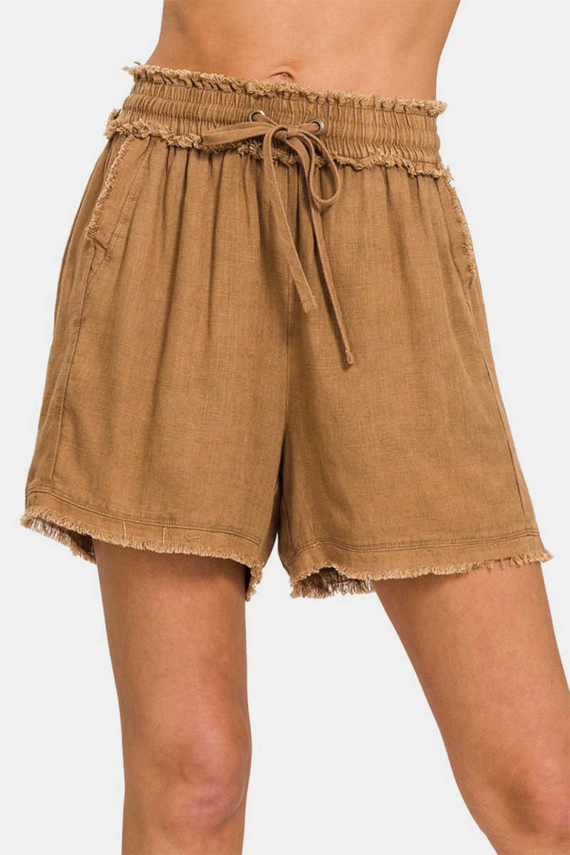 Zenana Washed Linen Frayed Hem Drawstring Shorts - Bottoms