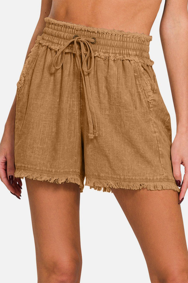 Zenana Washed Linen Frayed Hem Drawstring Shorts - Bottoms