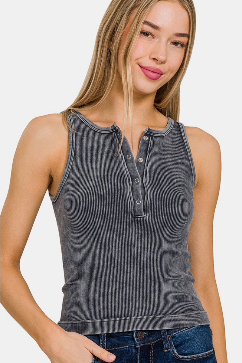 Zenana Washed Ribbed Half Snap Seamless Tank - Top