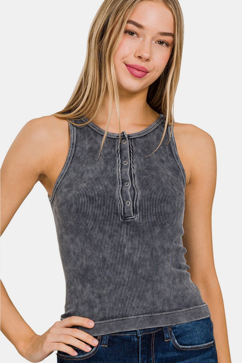 Zenana Washed Ribbed Half Snap Seamless Tank - Top