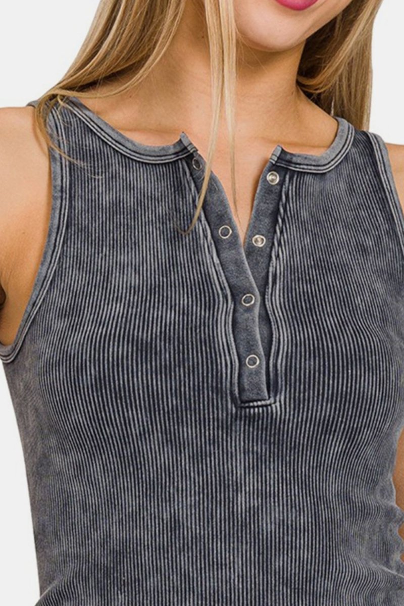 Zenana Washed Ribbed Half Snap Seamless Tank - Top