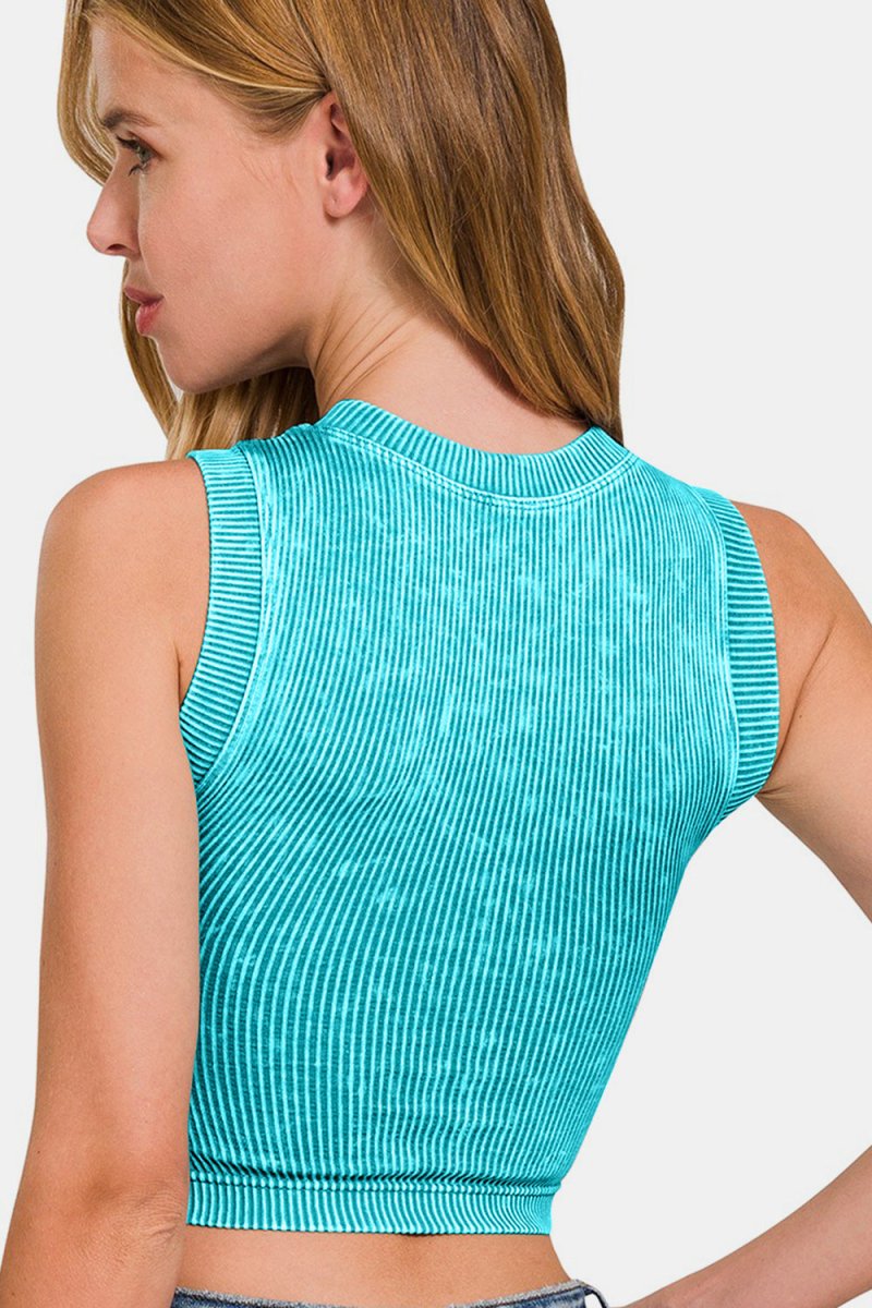 Zenana Washed Ribbed Seamless Crop Tank with Bra Pad - Top