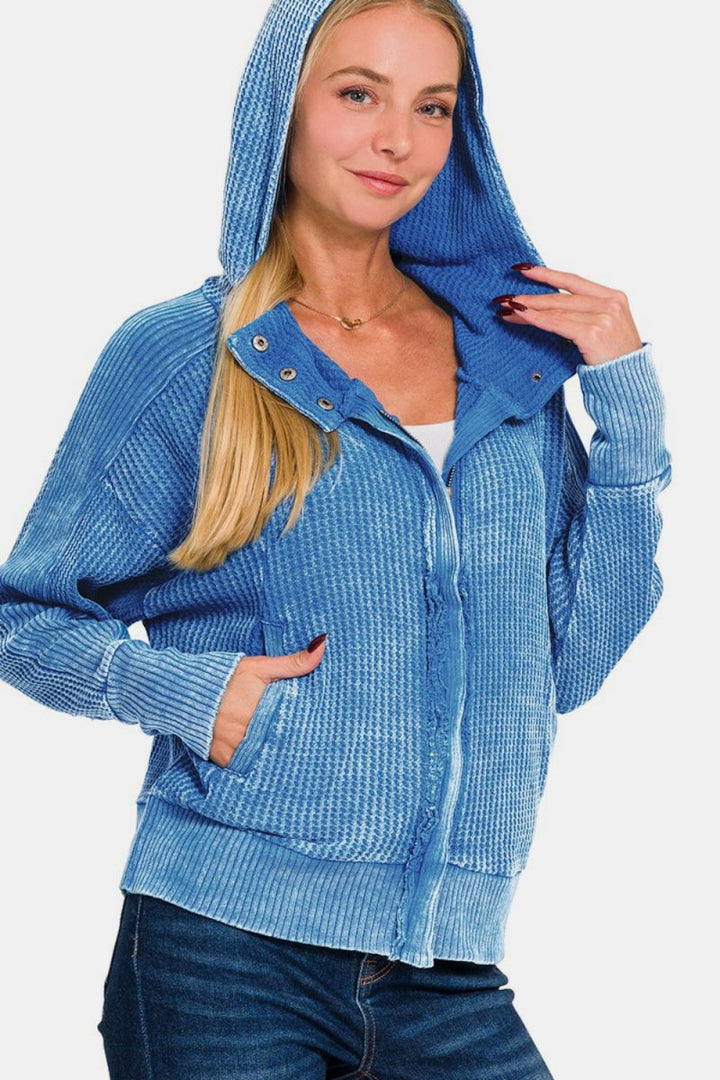 Zenana Washed Zip Up Hooded Jacket - Outerwear
