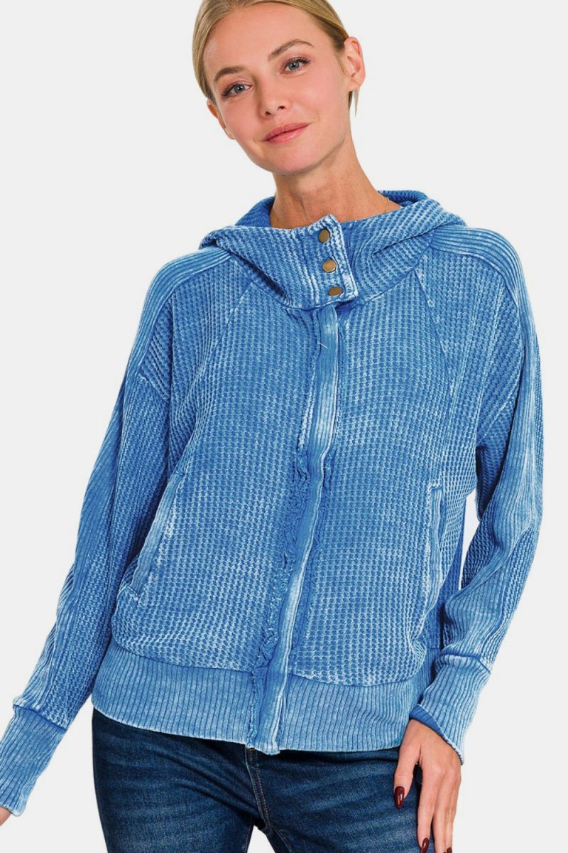 Zenana Washed Zip Up Hooded Jacket - Outerwear