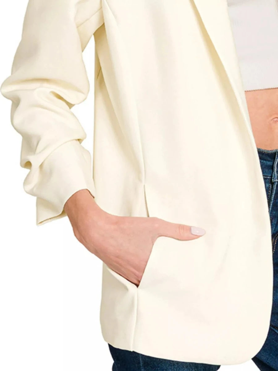 Zenana Woven 3/4 Ruched Sleeve Open Front Classic Blazer - 