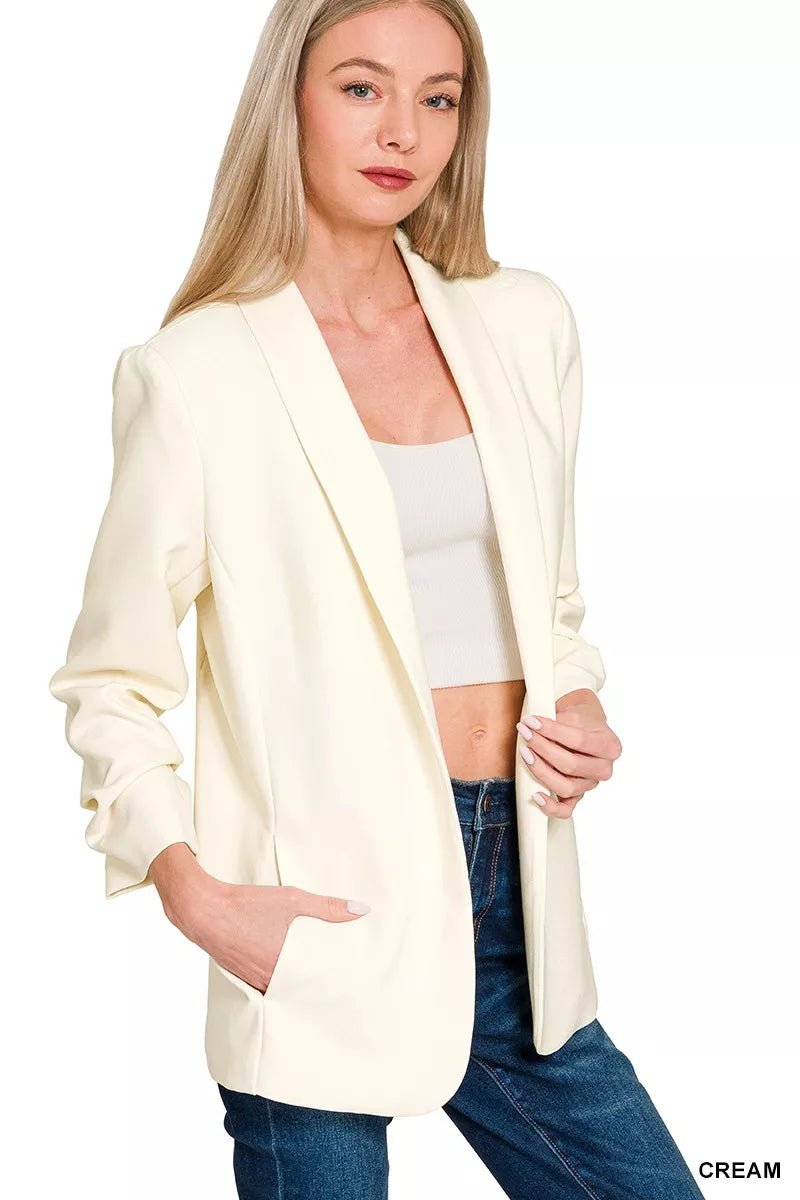 Zenana Woven 3/4 Ruched Sleeve Open Front Classic Blazer - 