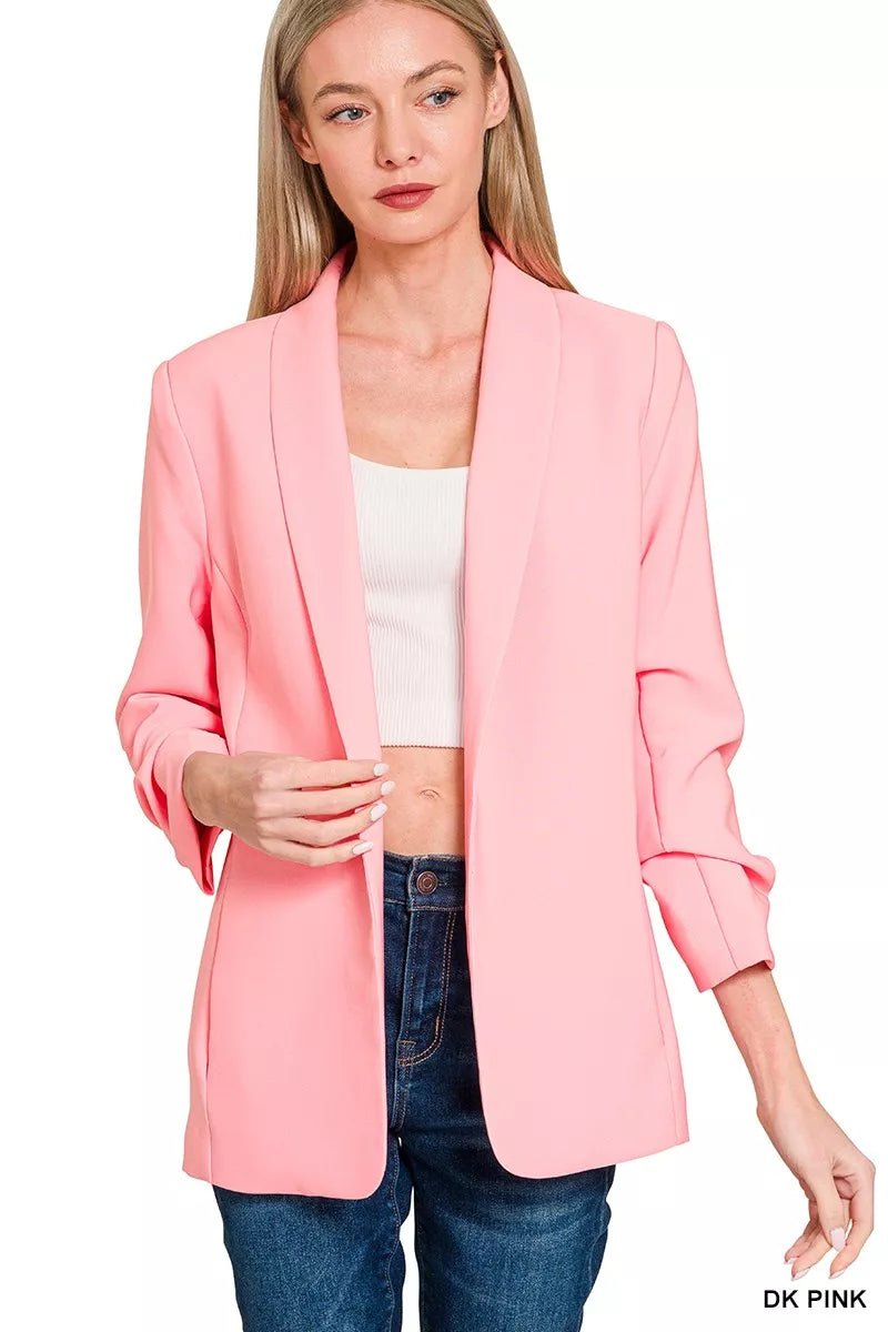Zenana Woven 3/4 Ruched Sleeve Open Front Classic Blazer - 