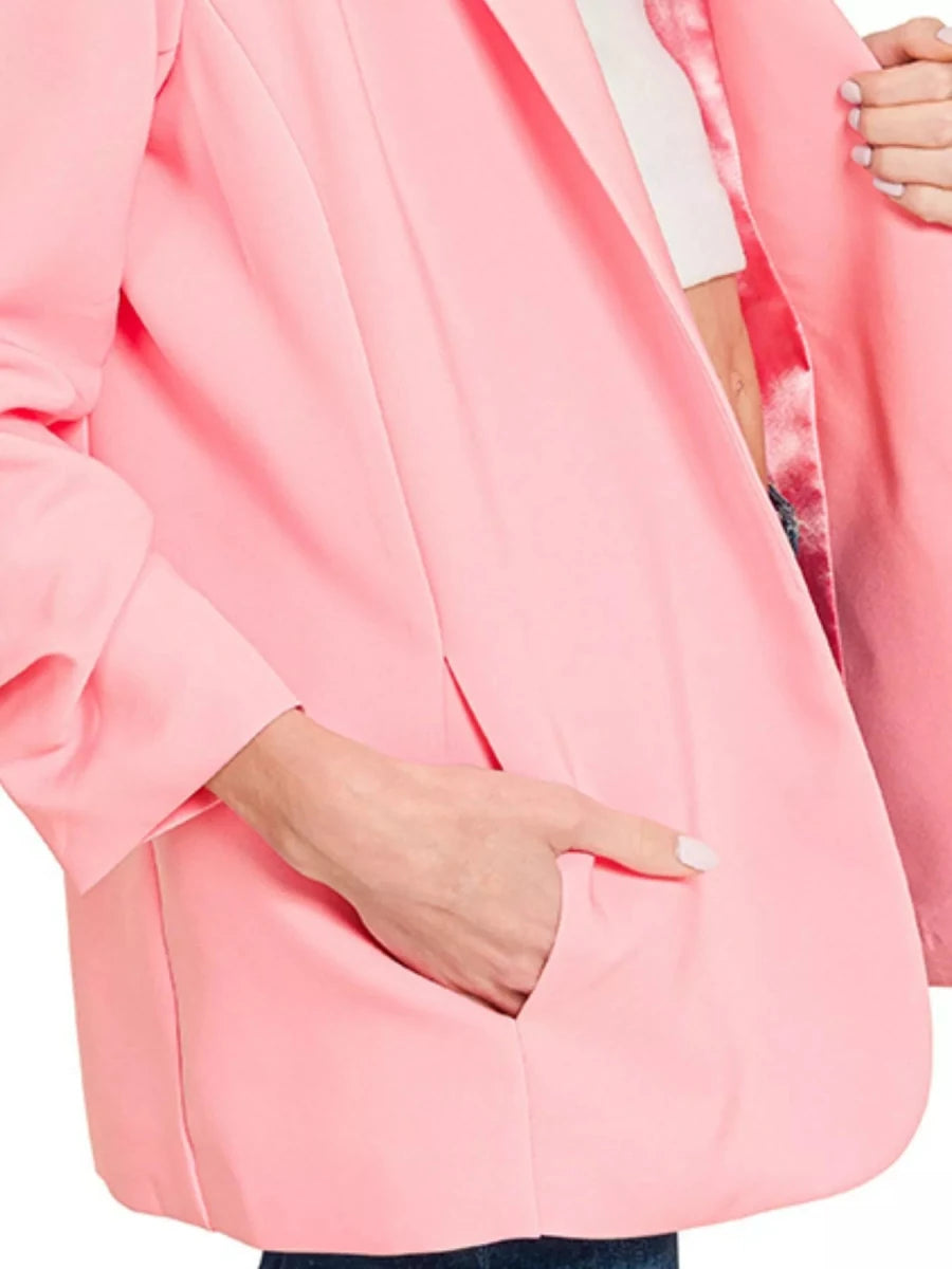 Zenana Woven 3/4 Ruched Sleeve Open Front Classic Blazer - 