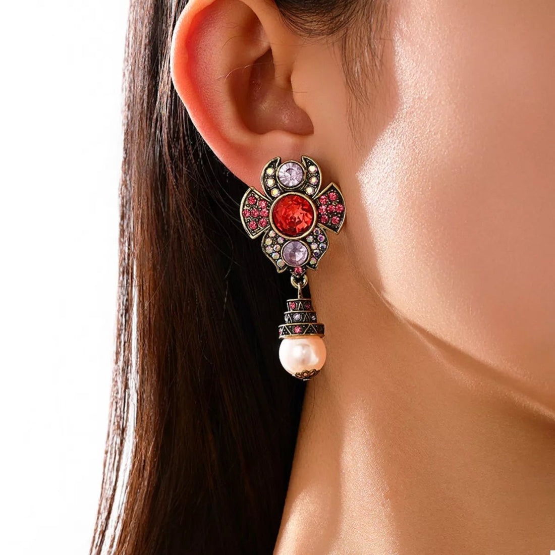 Zinc Alloy Flower Pearl Drop Earrings - 