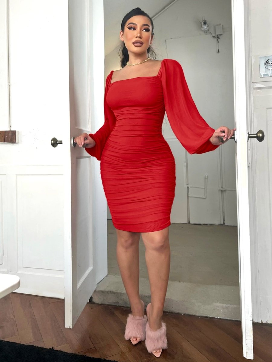 Zip - Back Ruched Bodycon Dress - Cocktail Dress
