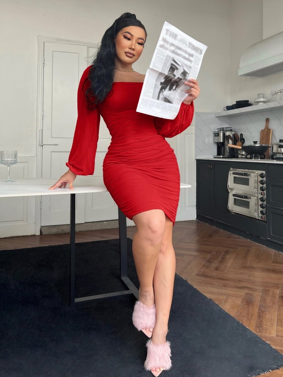 Zip - Back Ruched Bodycon Dress - Cocktail Dress