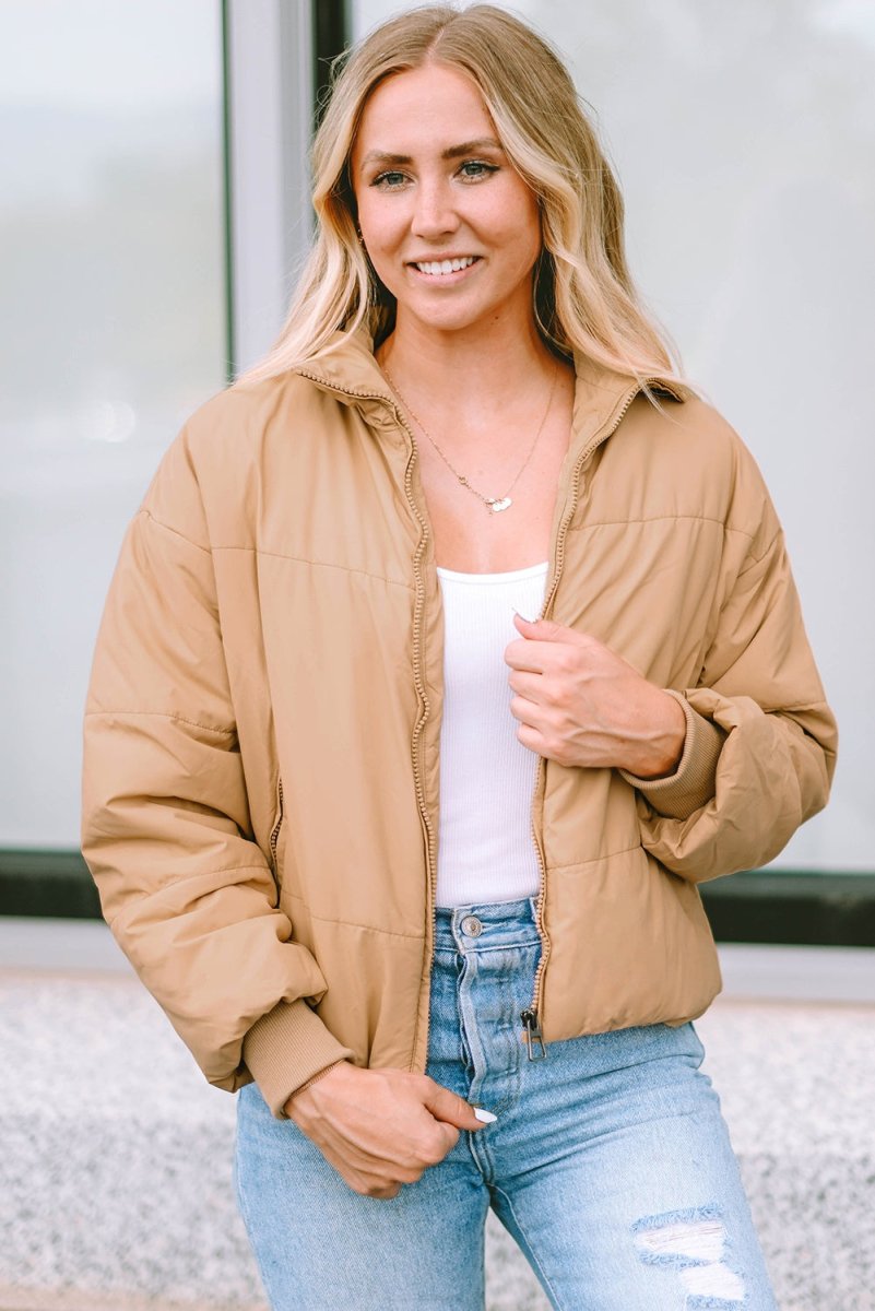 Zip Up Collared Neck Coat with Pockets - Outerwear