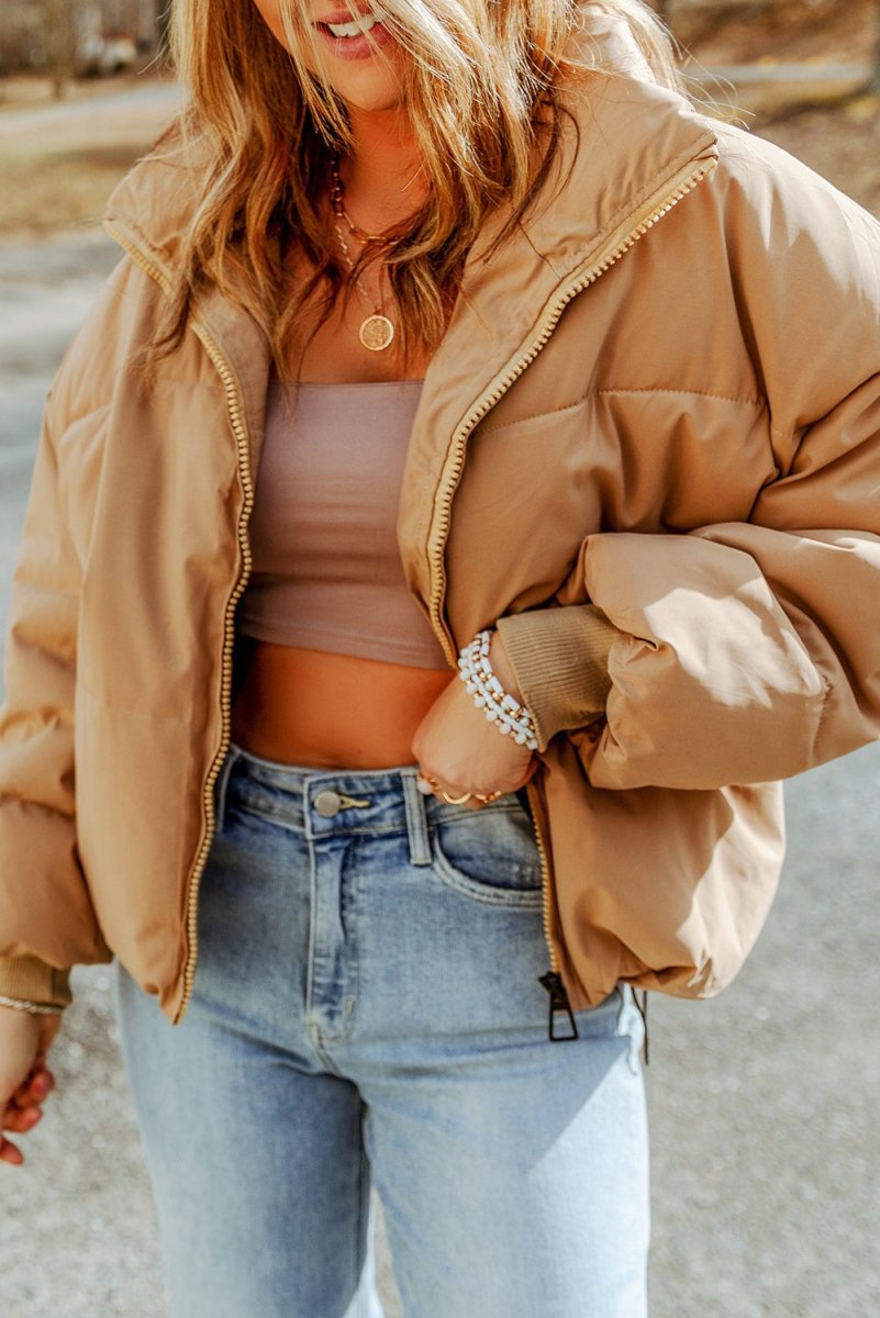 Zip Up Collared Neck Coat with Pockets - Outerwear