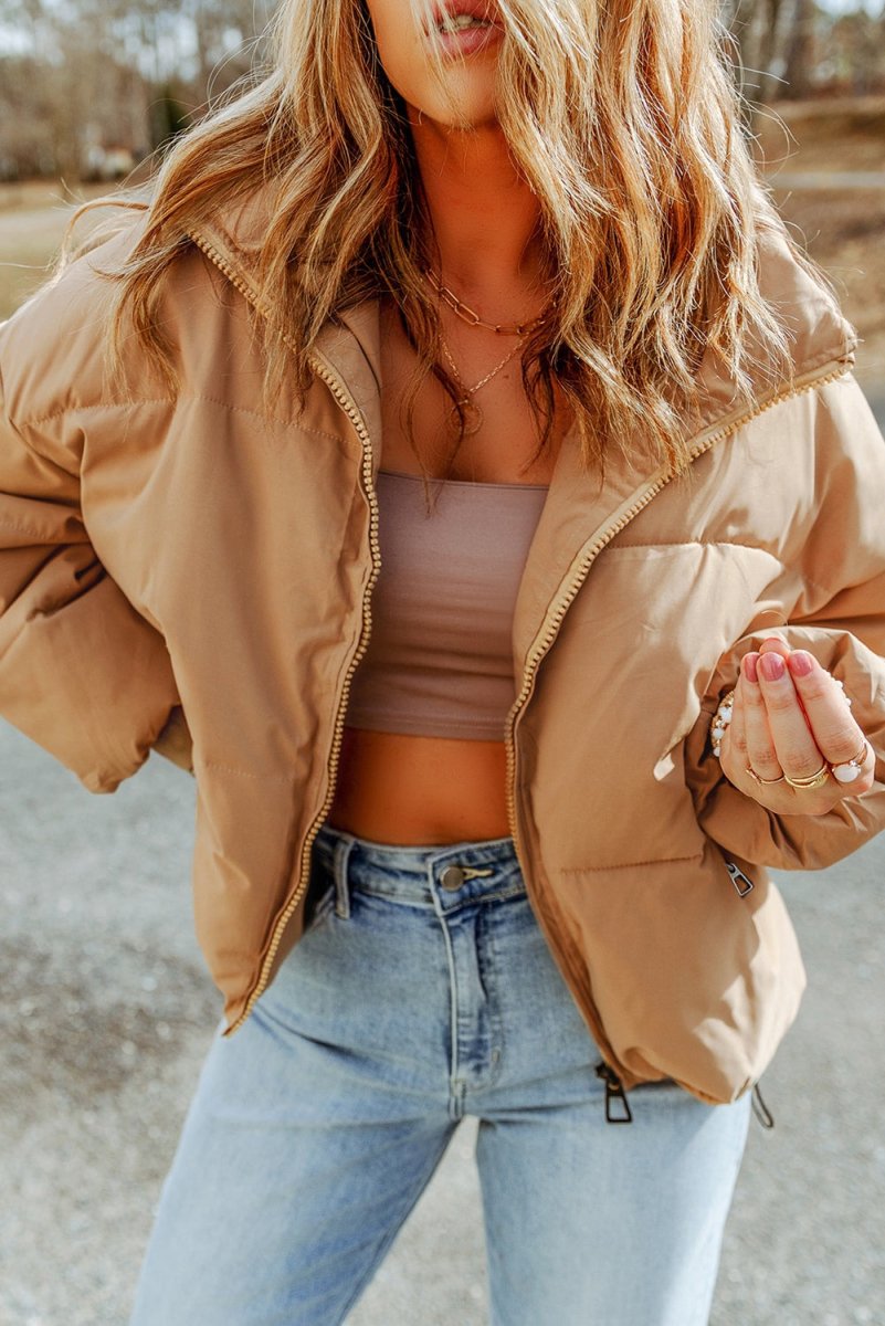 Zip Up Collared Neck Coat with Pockets - Outerwear