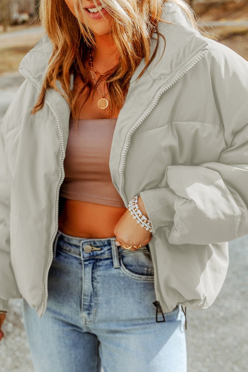 Zip Up Collared Neck Coat with Pockets - Outerwear