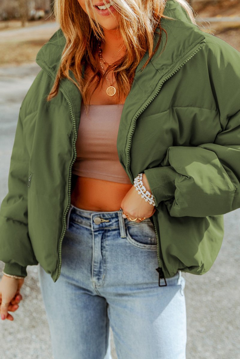 Zip Up Collared Neck Coat with Pockets - Outerwear