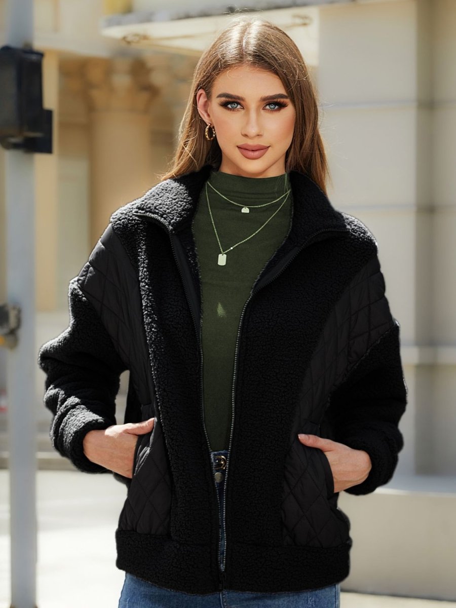 Zip - Up Collared Neck Jacket - Outerwear