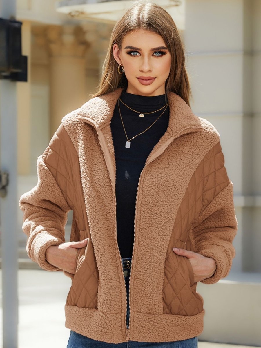 Zip - Up Collared Neck Jacket - Outerwear