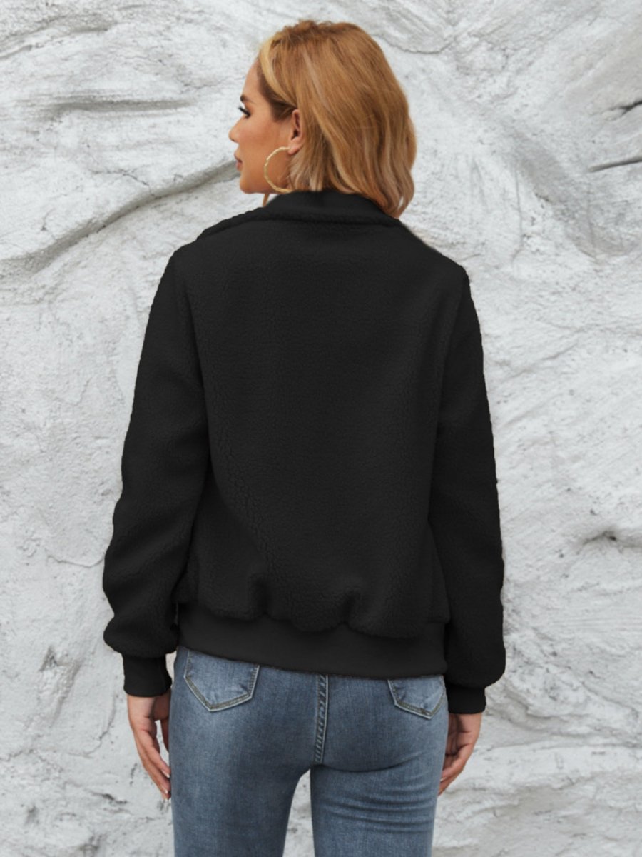 Zip Up Collared Neck Long Sleeve Jacket - Outerwear