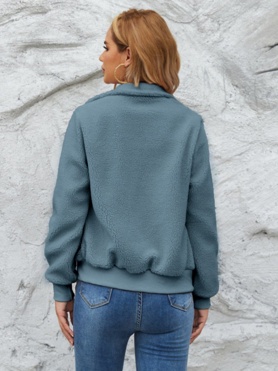 Zip Up Collared Neck Long Sleeve Jacket - Outerwear